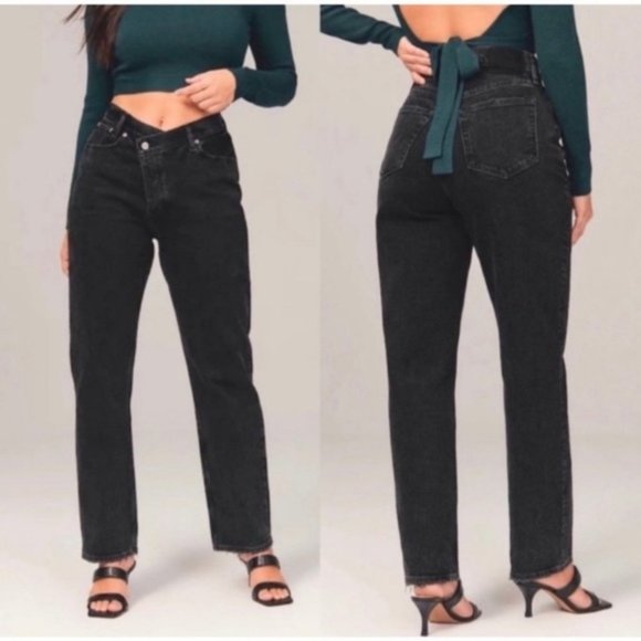Abercrombie & Fitch Denim - Abercrombie | Asymmetric crisscross The Dad High Rise Black Jeans 25 short